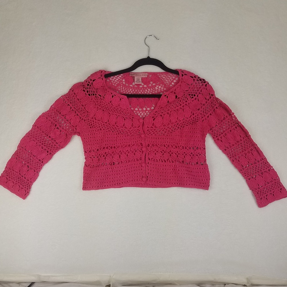 Bandolino Crochet Cardigan Women Medium Pink Excellent Open Knit‎ Button Front